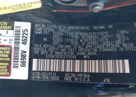 2012 Toyota Sienna Se 8 Passenger z USA, uszkodzony, nr VIN 5TDXK3DC0CS179348